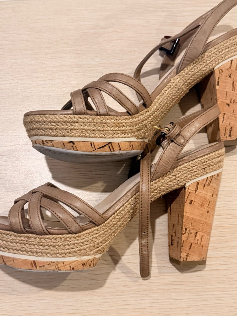 Prada Taupe Leather Woven Platform Sandals